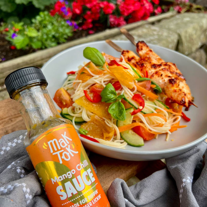 Mango Noodle Salad with BBQ Chicken Skewers
